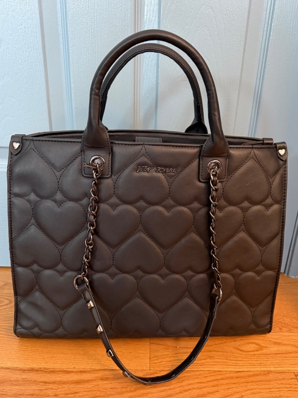Betsey Johnson Black Quilted Heart Tote with Chain Strap